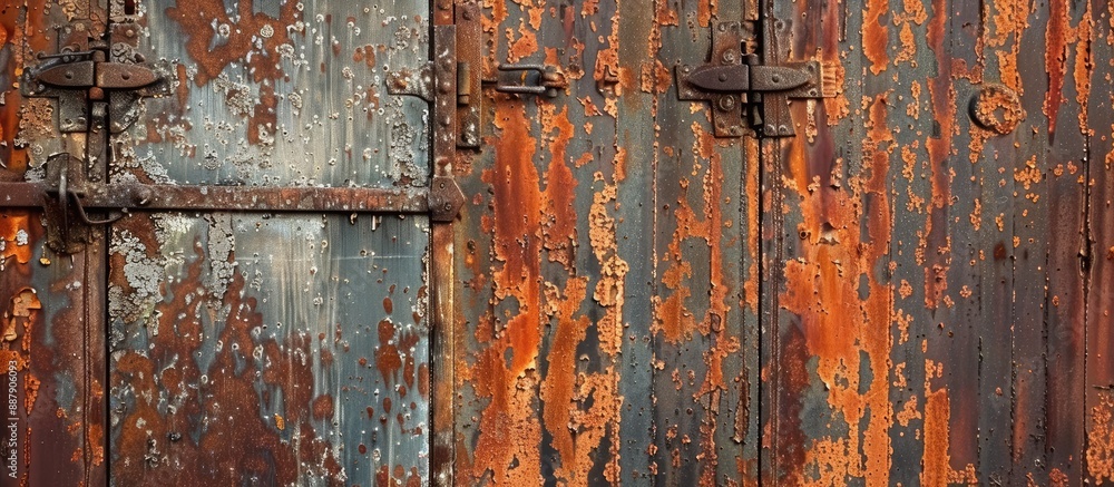 A weathered closed metal door with rust creating an aged and rustic appearance suitable for images with copy space A weathered closed metal door with rust creating an aged and rustic appearance suitable for images with copy space