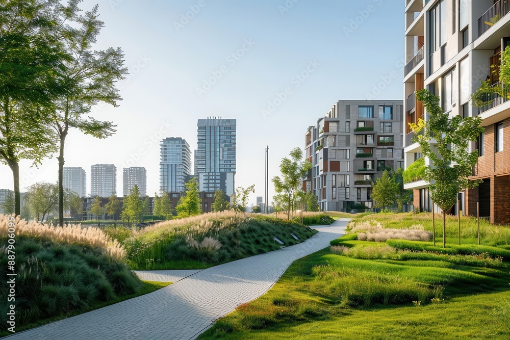 Obraz premium sleek minimalist residential complex with sustainable features geometric shapes surrounded by green spaces and walking paths