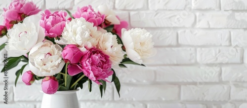 Fototapeta Naklejka Na Ścianę i Meble -  Pink and white peonies in a vase on a white brick wall background ideal for holiday or mother s day designs features copy space image for banners and headers