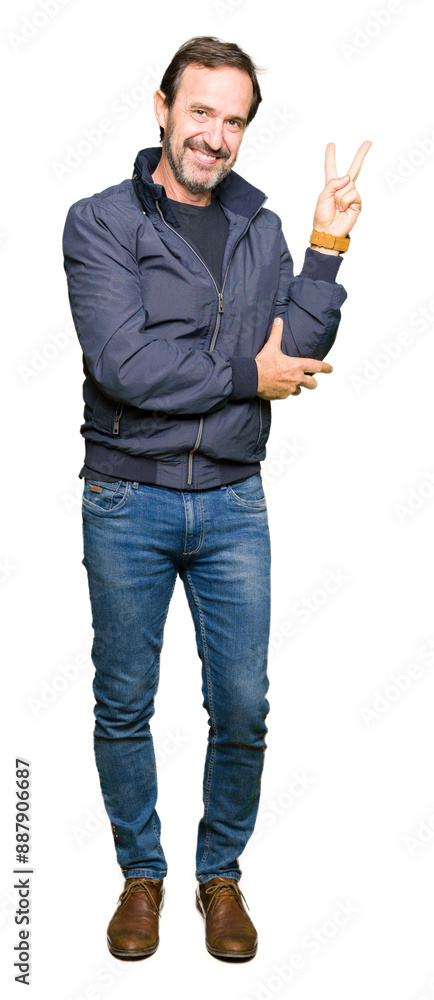 Middle age handsome man wearing a jacket smiling with happy face winking at the camera doing victory sign. Number two. Middle age handsome man wearing a jacket smiling with happy face winking at the camera doing victory sign. Number two.