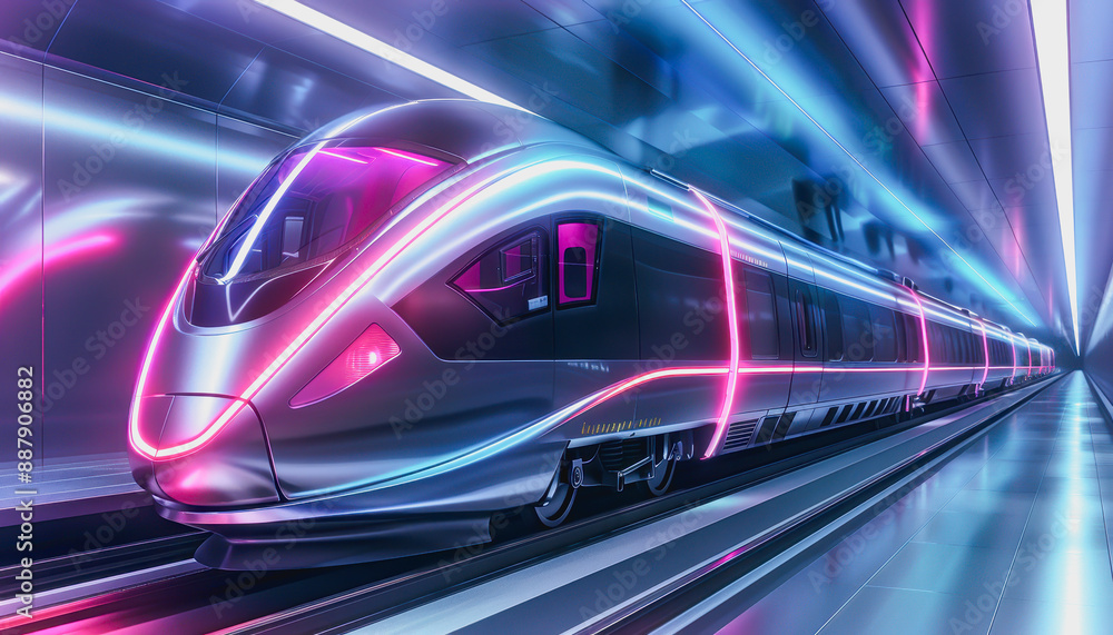 Fototapeta premium Cutting-edge high-speed train zoom through neon lit tunnel, stream shape, glossy exterior