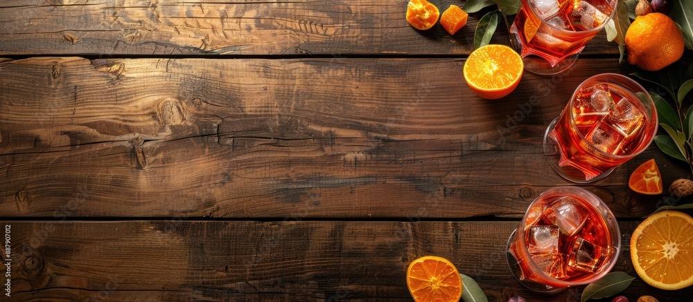 Aperol drink with ingredients displayed on a wooden backdrop featuring copy space image Aperol drink with ingredients displayed on a wooden backdrop featuring copy space image