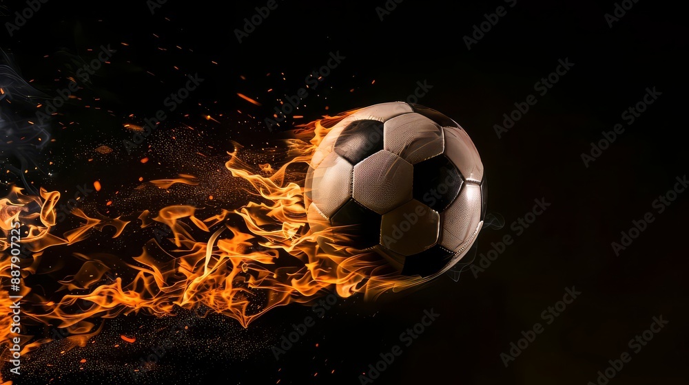 Naklejka premium Soccer ball with bright flame trail on the black background.