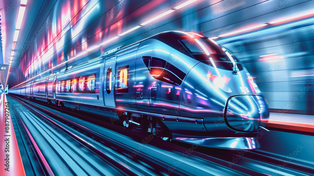 Cutting-edge high-speed train zoom through neon lit tunnel, stream shape, glossy exterior Cutting-edge high-speed train zoom through neon lit tunnel, stream shape, glossy exterior