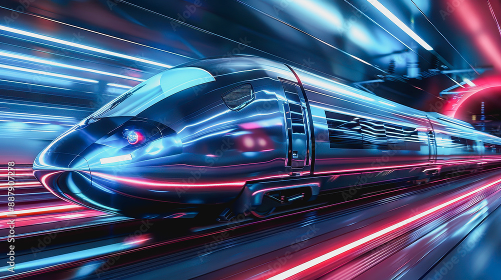 Fototapeta premium Cutting-edge high-speed train zoom through neon lit tunnel, stream shape, glossy exterior
