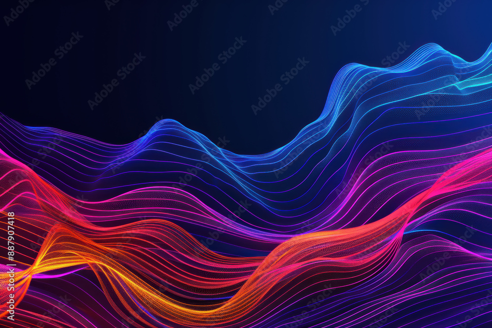 Fototapeta premium Vibrant neon waveforms in abstract digital landscape against dark background, illustrating dynamic flow and modern technology.