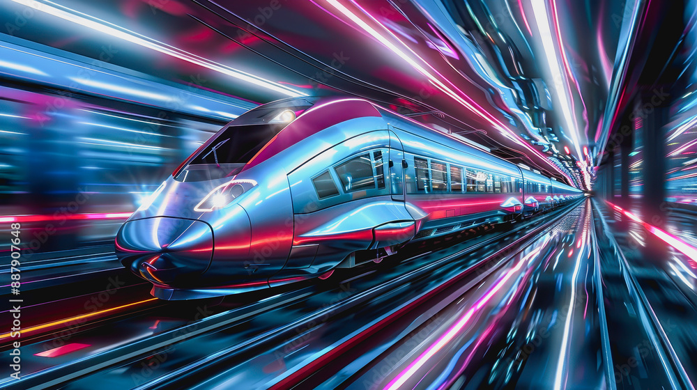 Futuristic high-speed train dashing through tunnel with blue neon lights, sleek and reflective design Futuristic high-speed train dashing through tunnel with blue neon lights, sleek and reflective design