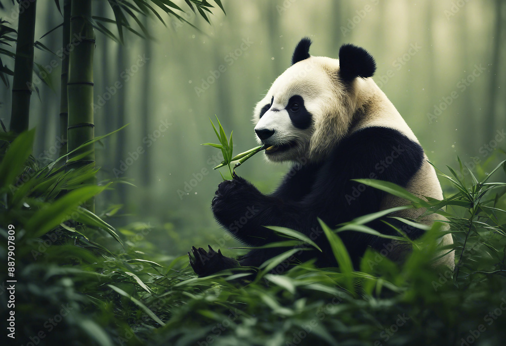 Fototapeta premium A panda eating bamboo in a lush forest, foggy morning