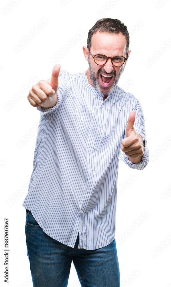 Middle age hoary senior man wearing glasses over isolated background approving doing positive gesture with hand, thumbs up smiling and happy for success. Looking at the camera, winner gesture. Middle age hoary senior man wearing glasses over isolated background approving doing positive gesture with hand, thumbs up smiling and happy for success. Looking at the camera, winner gesture.