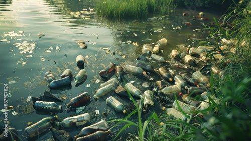 Environmental Pollution Crisis - Plastic Bottles Floating on Lake Surface