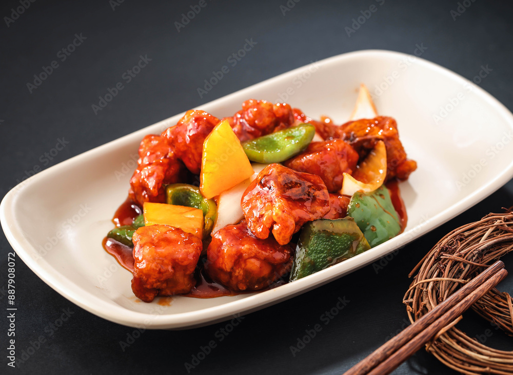 Shredded pineapple and stir fried chicken bones served in dish isolated on background side view of hong kong food