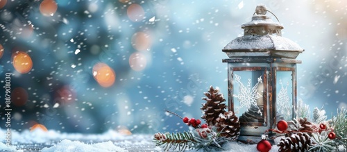 Snowflakes gently fall around a festive Christmas lantern decorated with pine cones and ornaments on a snowy background with space for additional images