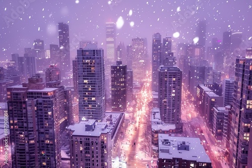 snowy cityscape at twilight illuminated skyscrapers and streets covered in fresh snow creating a magical winter urban scene soft cool color palette