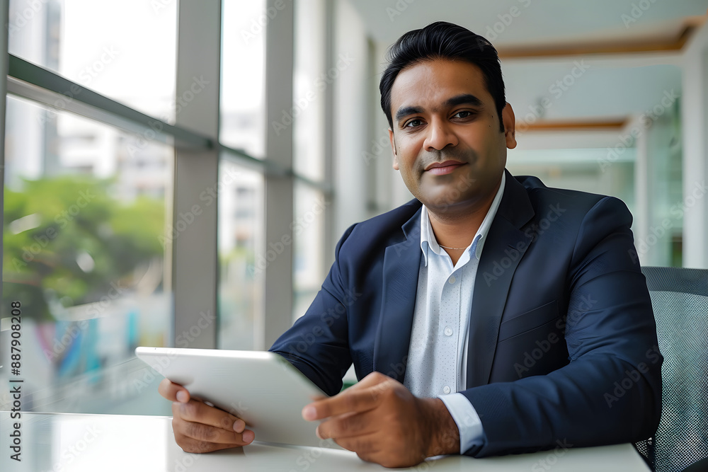 happy Indian mid age business man professional ceo using tablet computer, looking at camera at desk in the office happy Indian mid age business man professional ceo using tablet computer, looking at camera at desk in the office