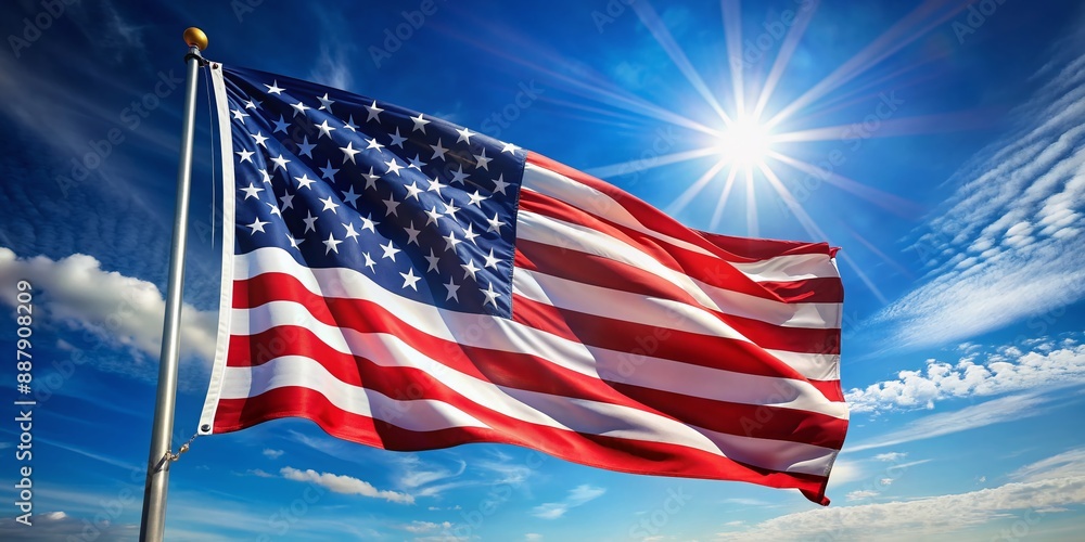 Vibrant red, white, and blue American flag waving freely, adorned with shining white stars on a blue canton, set against a clear blue sky. Vibrant red, white, and blue American flag waving freely, adorned with shining white stars on a blue canton, set against a clear blue sky.