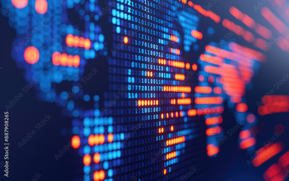 Obraz premium Digital world map with binary code and illuminated data points. High-tech, global technology network concept in blue and red tones.