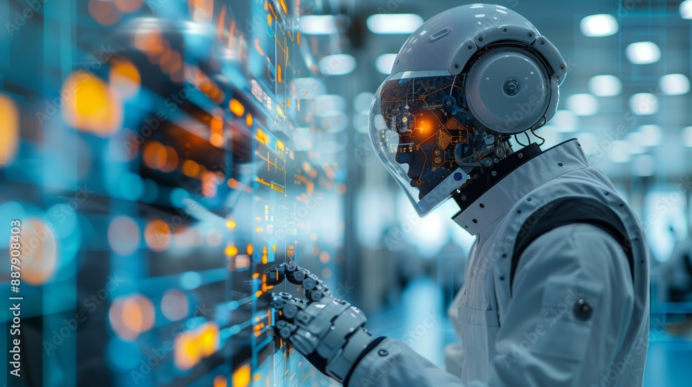 An AI robot in a futuristic factory setting interacts with a digital interface, showcasing the use of artificial intelligence in automating repetitive tasks. An AI robot in a futuristic factory setting interacts with a digital interface, showcasing the use of artificial intelligence in automating repetitive tasks.