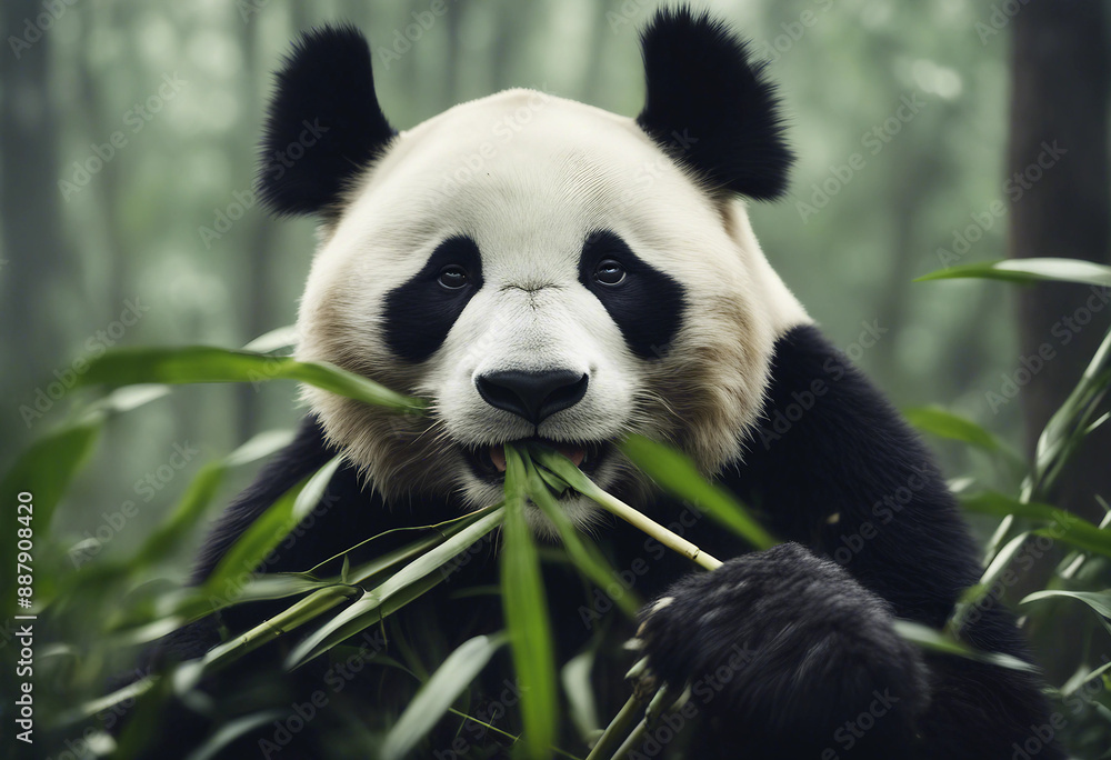 Fototapeta premium A panda eating bamboo in a lush forest, foggy morning