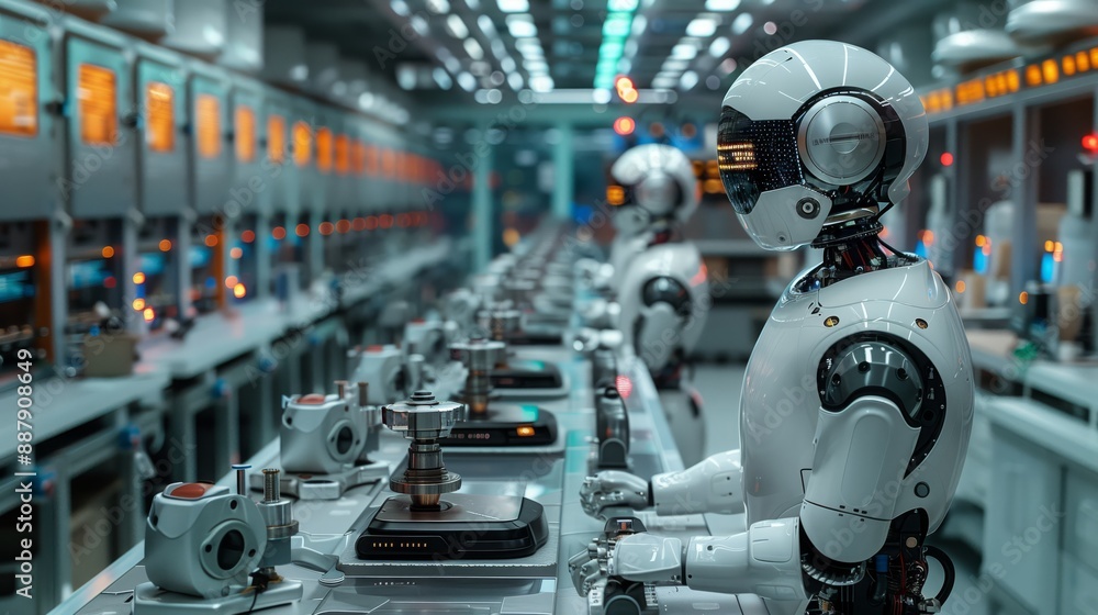 An assembly line of robots work in a high-tech laboratory. An assembly line of robots work in a high-tech laboratory.