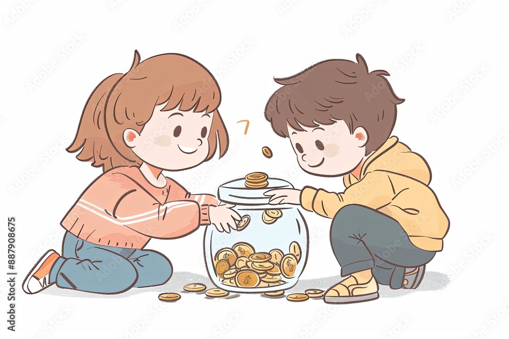 Two adorable children sit on the ground with a glass jar filled with coins and banknotes in front of them, depicted in a charming cartoon style against a clean white background. Two adorable children sit on the ground with a glass jar filled with coins and banknotes in front of them, depicted in a charming cartoon style against a clean white background.