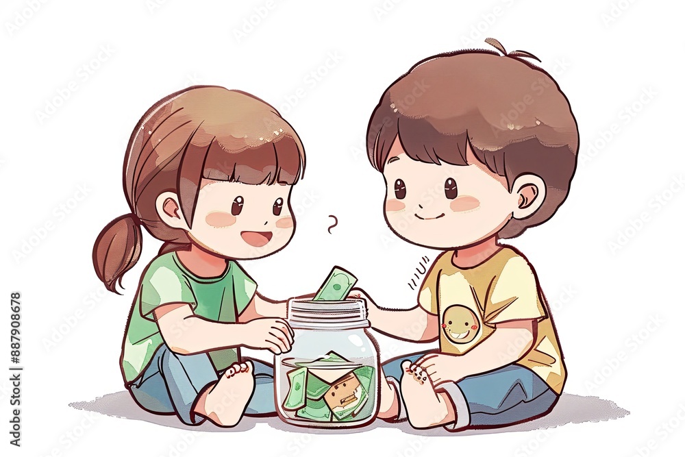 Two adorable children sit on the ground with a glass jar filled with coins and banknotes in front of them, depicted in a charming cartoon style against a clean white background. Two adorable children sit on the ground with a glass jar filled with coins and banknotes in front of them, depicted in a charming cartoon style against a clean white background.