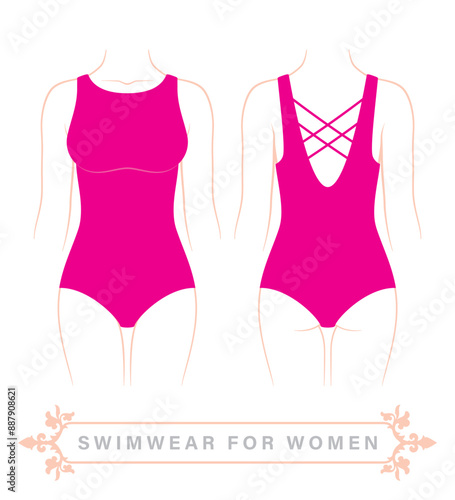 Vector woman body line with pink swimsuit. Isolated on white background.