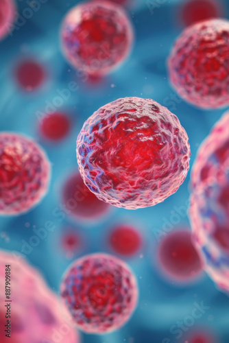 Close-up of red cancer cells under a microscope, illustrating detailed cellular structure and medical science.