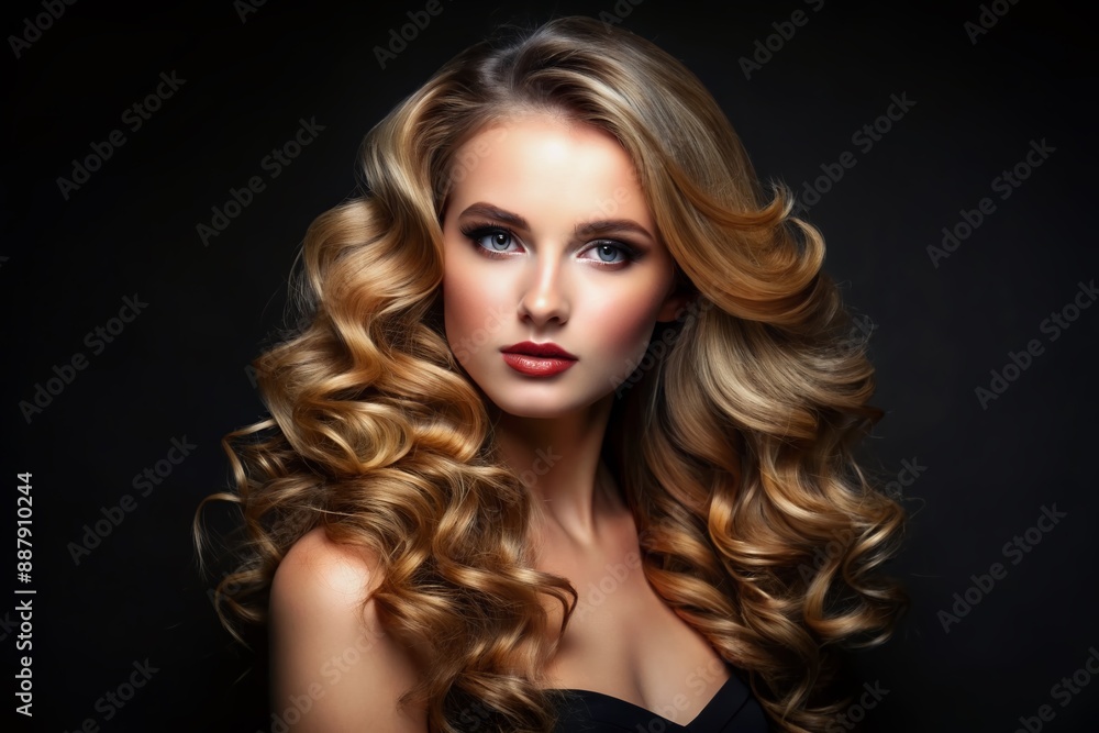 Fototapeta premium Hair style advertising romantic beautiful woman portrait waving natural beauty hairs isolated on black illustration. Generative Ai