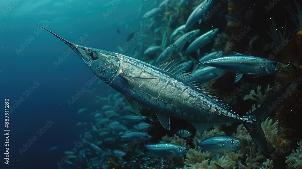Underwater view of a swordfish hunting in a school of sardines Underwater view of a swordfish hunting in a school of sardines
