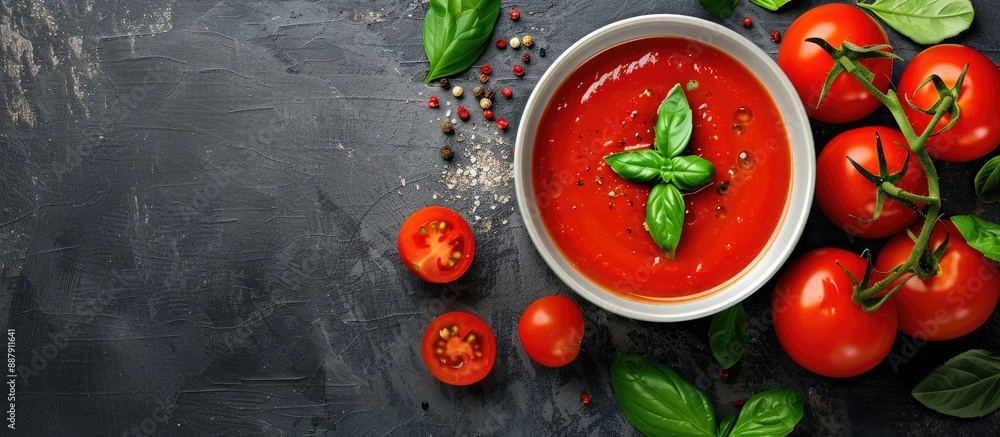 Top view of homemade tomato soup with green basil in a copy space image Top view of homemade tomato soup with green basil in a copy space image