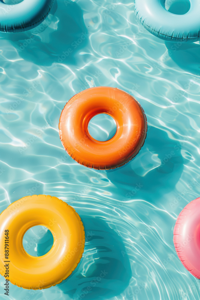 Naklejka premium Bright and colorful inflatable pool floats in a swimming pool with clear blue water, creating a fun and refreshing summer vibe.