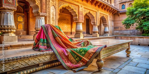 Vibrant bandhani saree fabric draped elegantly on a stone bench in a serene traditional Indian courtyard with intricate carvings and beautiful architectural details surround. photo