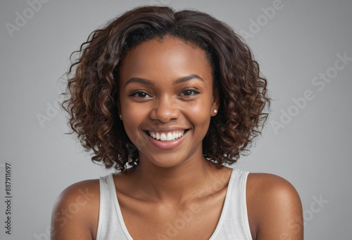 Portrait view of a regular happy smiling Gabon woman, ultra realistic, candid, social media, avatar image, plain solid background