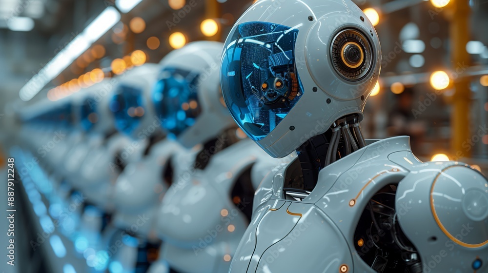 Advanced robotic systems stand in an industrial environment, displaying AIs potential in automation with white bodies and blue visors. Advanced robotic systems stand in an industrial environment, displaying AIs potential in automation with white bodies and blue visors.