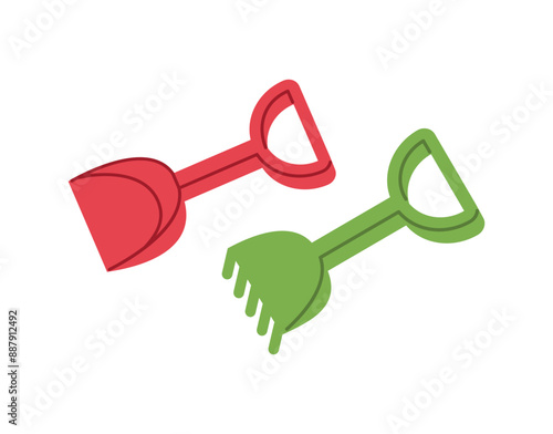 Toys for kids, shovel and rake vector illustration flat style icon.
