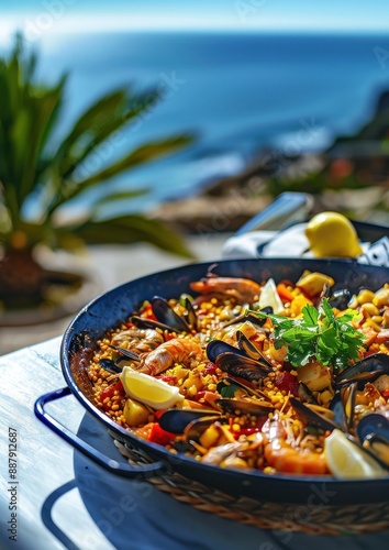 Un luxueux plat de paella, magnifiquement présenté sur une table en plein air avec vue sur la mer. photo