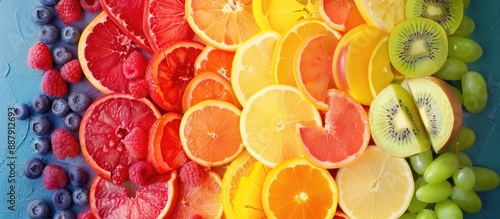 Fototapeta Naklejka Na Ścianę i Meble -  Colorful rainbow stripes made with mixed fruits and slices symbolizing healthy eating room for text in a copy space image