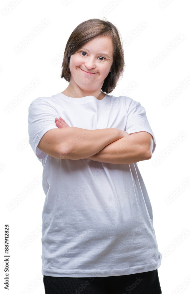 Young adult woman with down syndrome over isolated background happy face smiling with crossed arms looking at the camera. Positive person. Young adult woman with down syndrome over isolated background happy face smiling with crossed arms looking at the camera. Positive person.