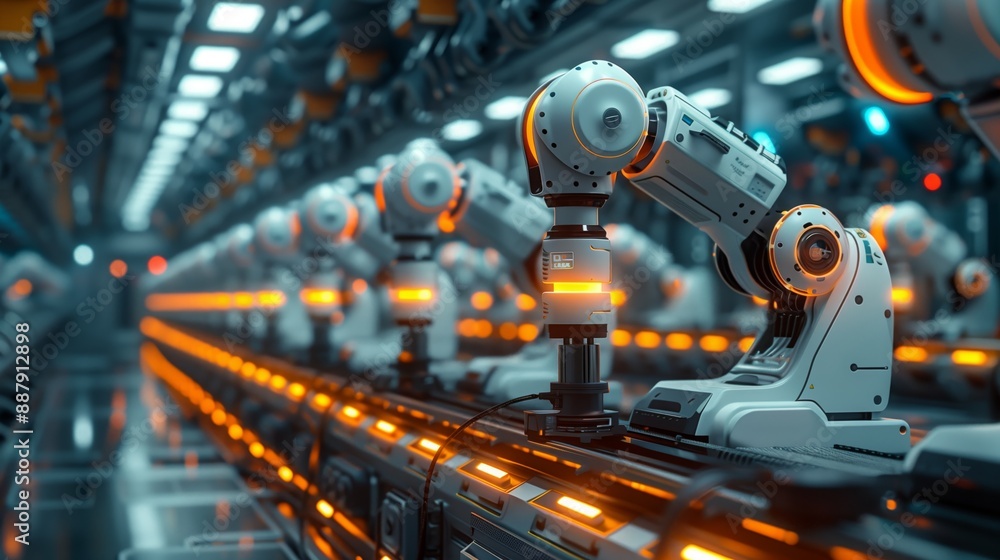 Close-up of robotic assembly line in high-tech factory. Multiple arms in operation demonstrate precision and automation in manufacturing. Close-up of robotic assembly line in high-tech factory. Multiple arms in operation demonstrate precision and automation in manufacturing.