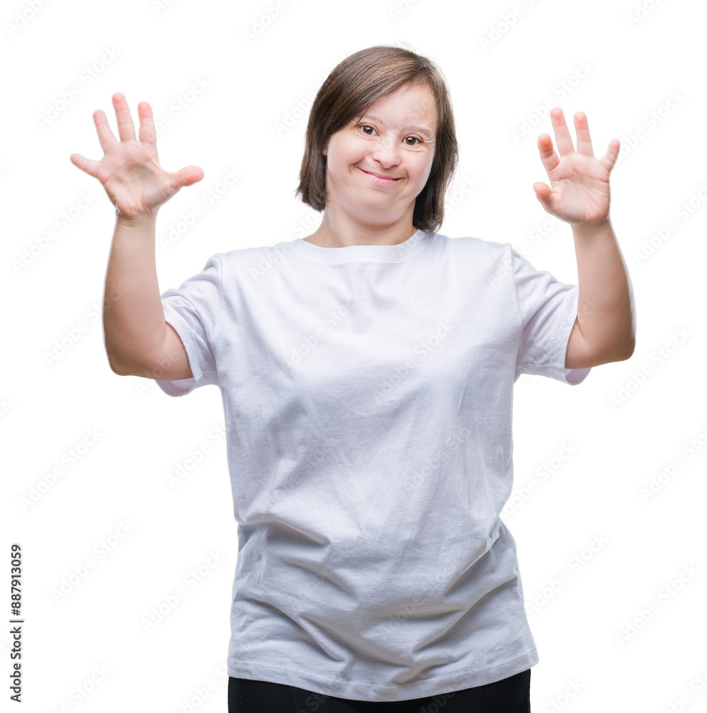 Young adult woman with down syndrome over isolated background showing and pointing up with fingers number ten while smiling confident and happy. Young adult woman with down syndrome over isolated background showing and pointing up with fingers number ten while smiling confident and happy.