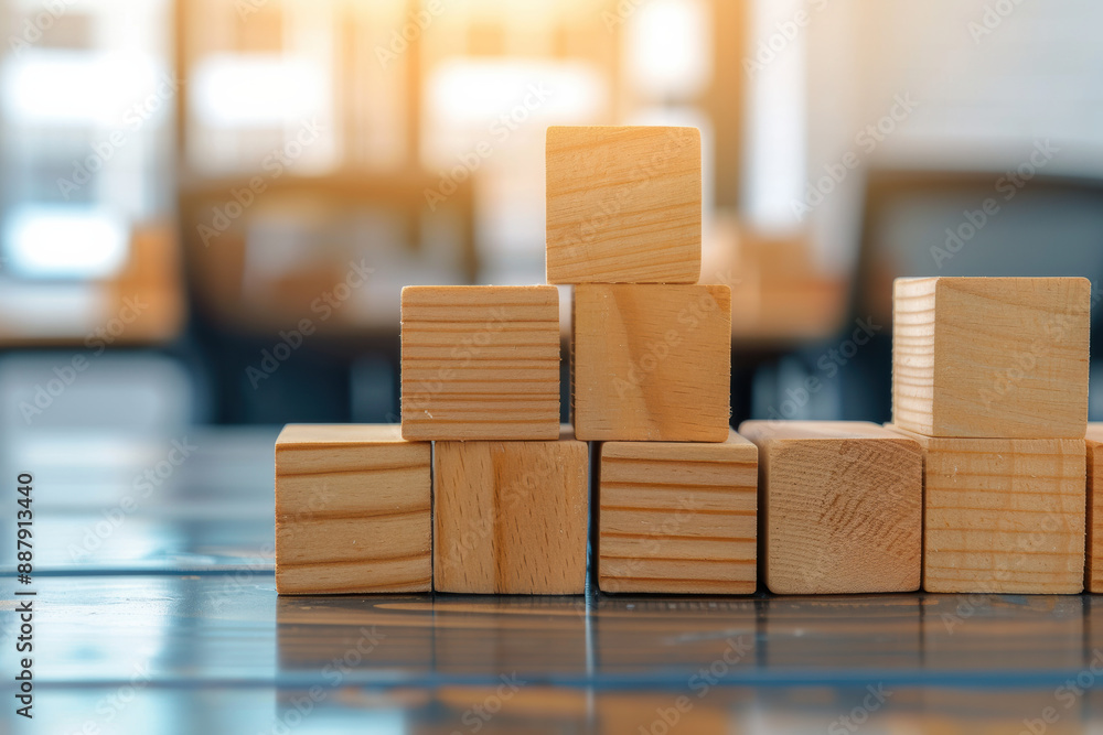 Wooden blocks stacked in a creative arrangement on a glossy table with a blurred office background, showcasing teamwork and organization concept. Wooden blocks stacked in a creative arrangement on a glossy table with a blurred office background, showcasing teamwork and organization concept.