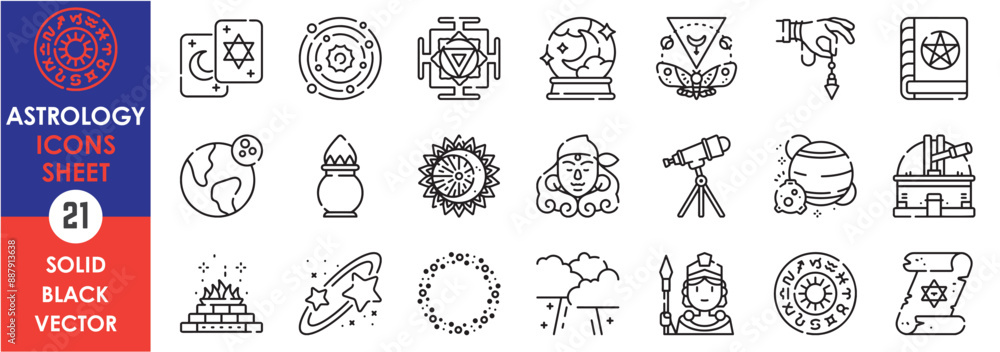 A set of line icons related to Astronomy. Horoscope, astro, planets, sun, ritual, magic, god, space, fortune teller, earth, esoteric, pendulum and so on. Vector outline icons set. A set of line icons related to Astronomy. Horoscope, astro, planets, sun, ritual, magic, god, space, fortune teller, earth, esoteric, pendulum and so on. Vector outline icons set.