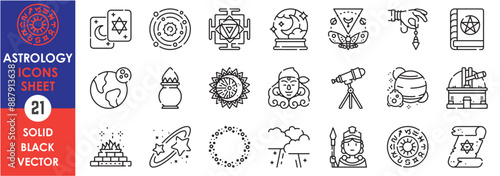 A set of line icons related to Astronomy. Horoscope, astro, planets, sun, ritual, magic, god, space, fortune teller, earth, esoteric, pendulum and so on. Vector outline icons set.