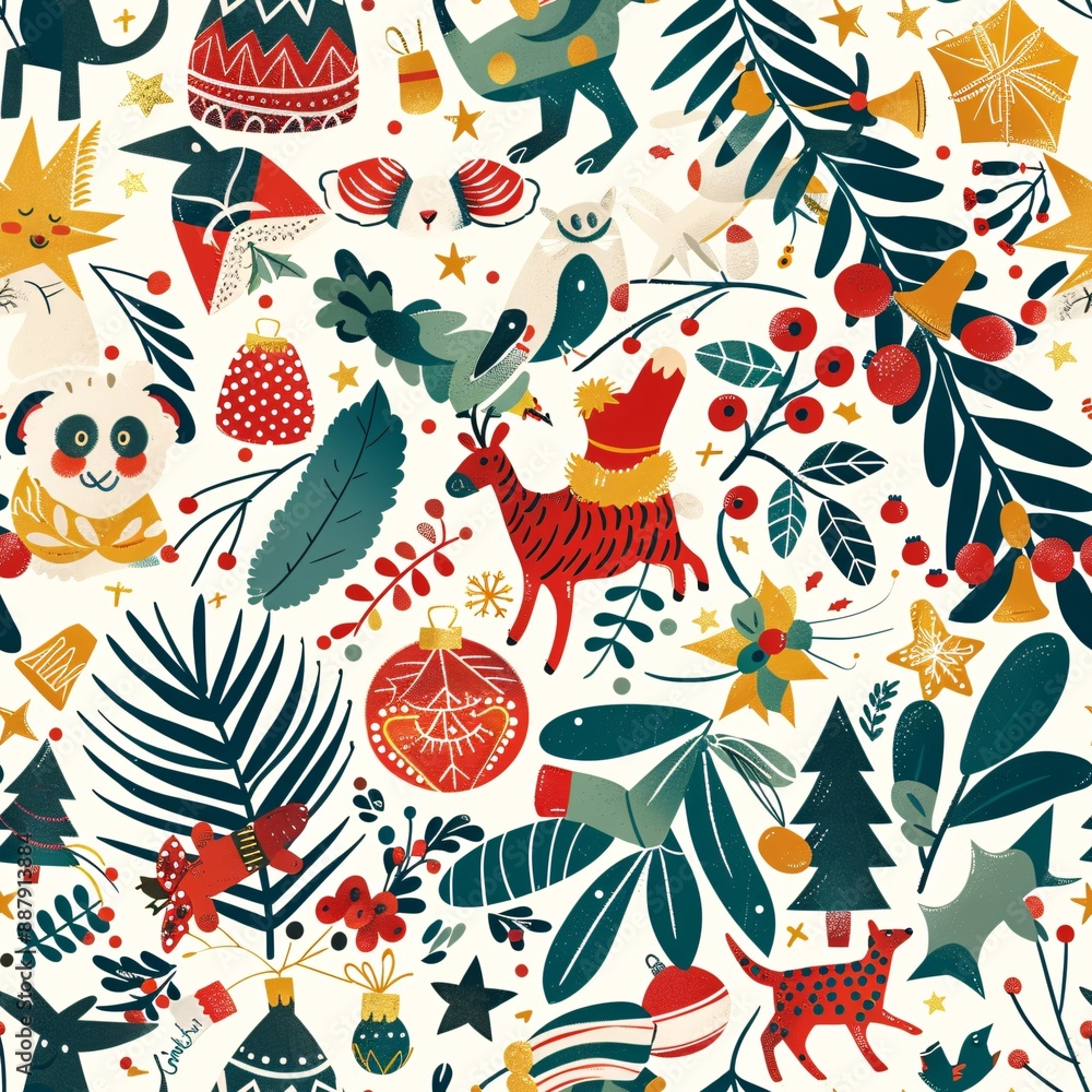 A seamless pattern displaying Christmas ornaments and wrapping paper with festive animals, arranged in a playful and joyful layout A seamless pattern displaying Christmas ornaments and wrapping paper with festive animals, arranged in a playful and joyful layout