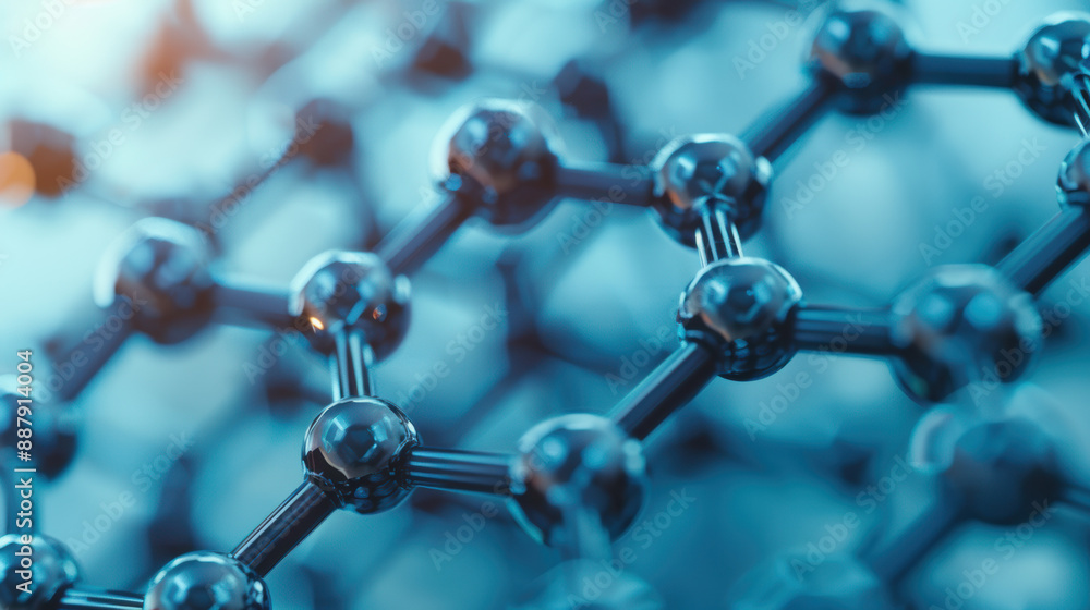 Closeup of a molecular structure representing nanotechnology, showcasing interconnected atoms in a blue, glowing, and futuristic background. Closeup of a molecular structure representing nanotechnology, showcasing interconnected atoms in a blue, glowing, and futuristic background.