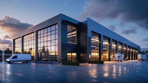 A modern warehouse with glass windows and metal cladding at sunset. © grigoryepremyan