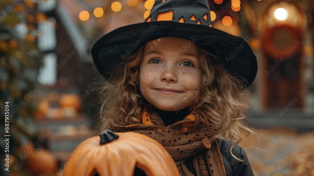 Smiling young girl in a witch costume holding a pumpkin, celebrating Halloween outdoors with festive decorations. Smiling young girl in a witch costume holding a pumpkin, celebrating Halloween outdoors with festive decorations.