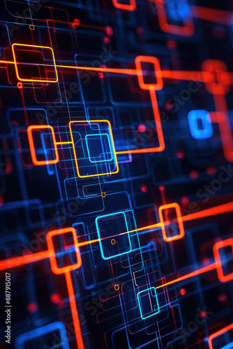 Abstract digital circuit board background. Glowing colorful lines and squares representing data and technology flow in a futuristic pattern.