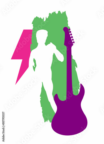 T-shirt design of electric guitar silhouettes, Michelangelos David and the symbol of thunderbolt on a white background. Vector illustration in the style of the 90s