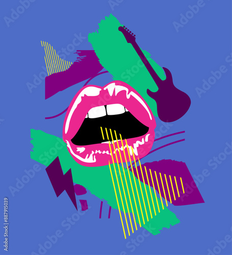 T-shirt design with sensual lips, a symbol of thunder and an electric guitar with the aesthetics of the 90s.